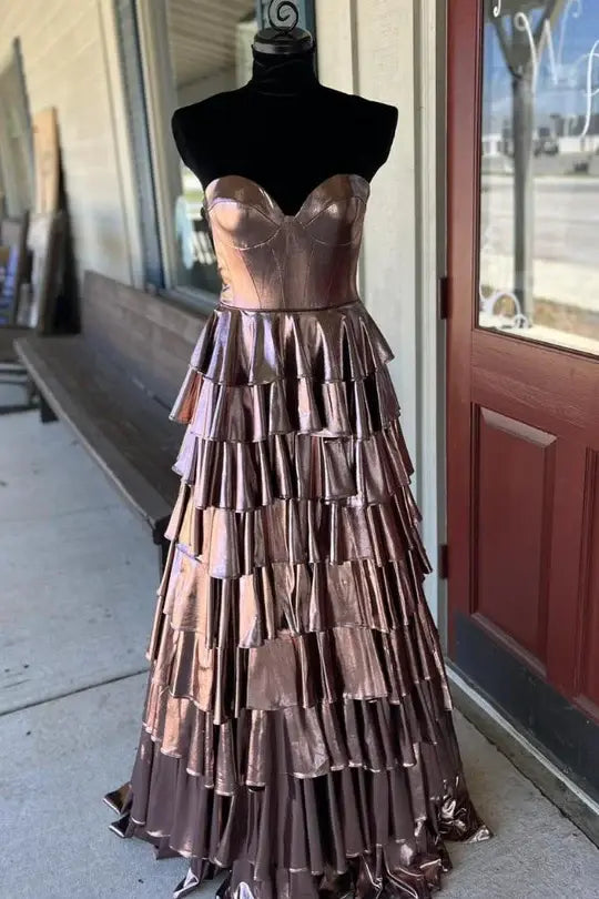 Satin A-Line Sweetheart Strapless Tiered Party Prom Dress