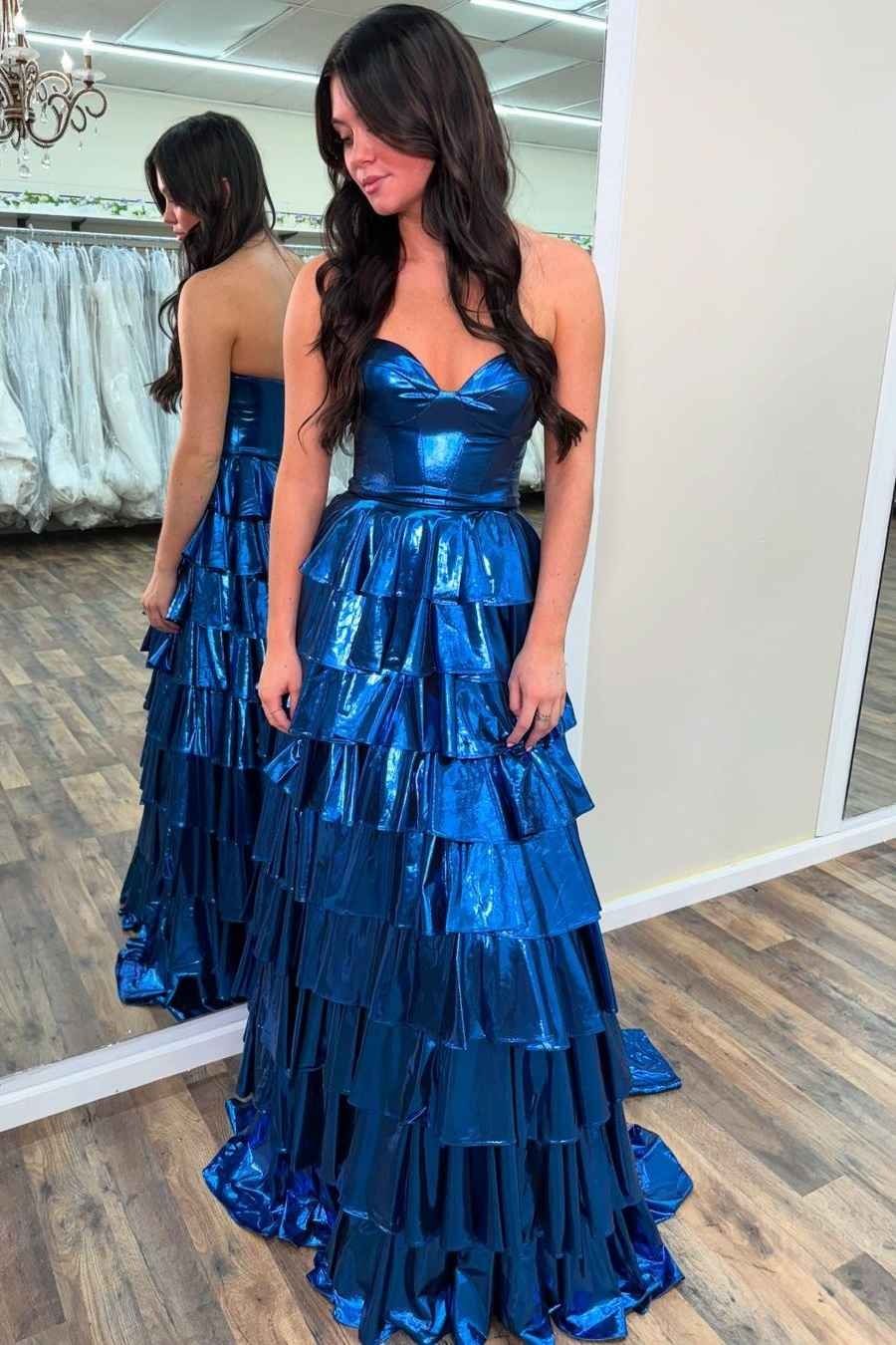 Satin A-Line Sweetheart Strapless Tiered Party Prom Dress