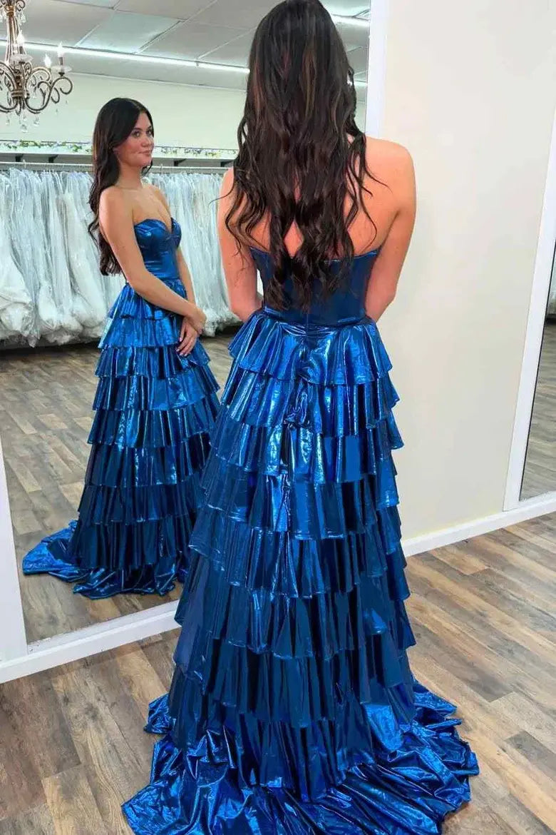 Satin A-Line Sweetheart Strapless Tiered Party Prom Dress