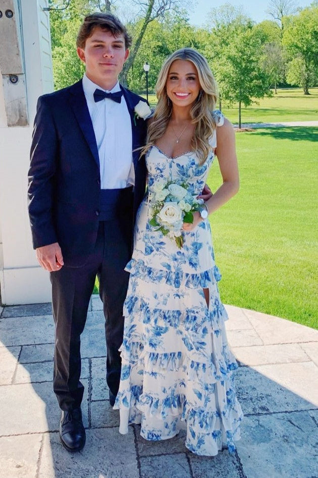 Satin A-Line Tiered Sleeveless Appliques V-Neck Prom Dress