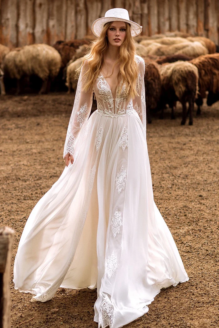 Satin A-Line V-Neck Long Sleeves Appliques Boho Wedding Dress – Movousdress Satin A-Line V-Neck Long Sleeves Appliques Boho Wedding Dress – Movousdress