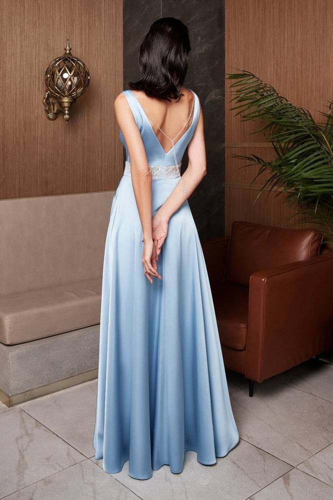 Satin A-Line V-Neck Sleeveless Beaded Mother Of Brides Dress