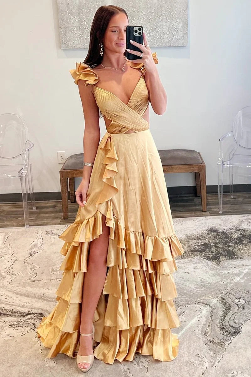 Satin A-Line V-Neck Sleeveless Empire Tiered Ruffled Prom Dress