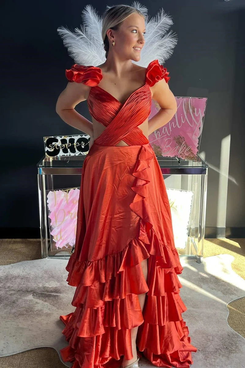 Satin A-Line V-Neck Sleeveless Empire Tiered Ruffled Prom Dress
