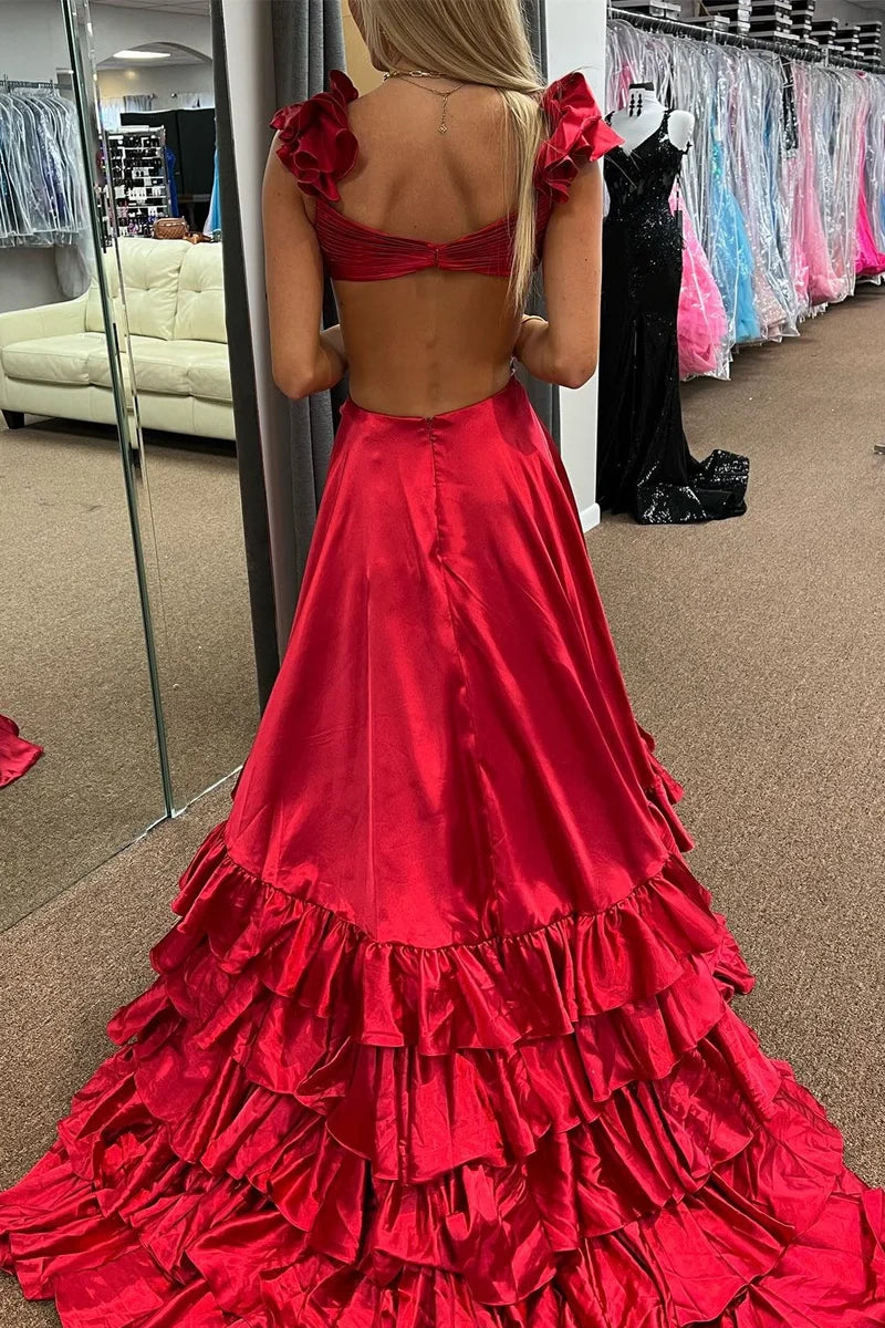 Satin A-Line V-Neck Sleeveless Empire Tiered Ruffled Prom Dress