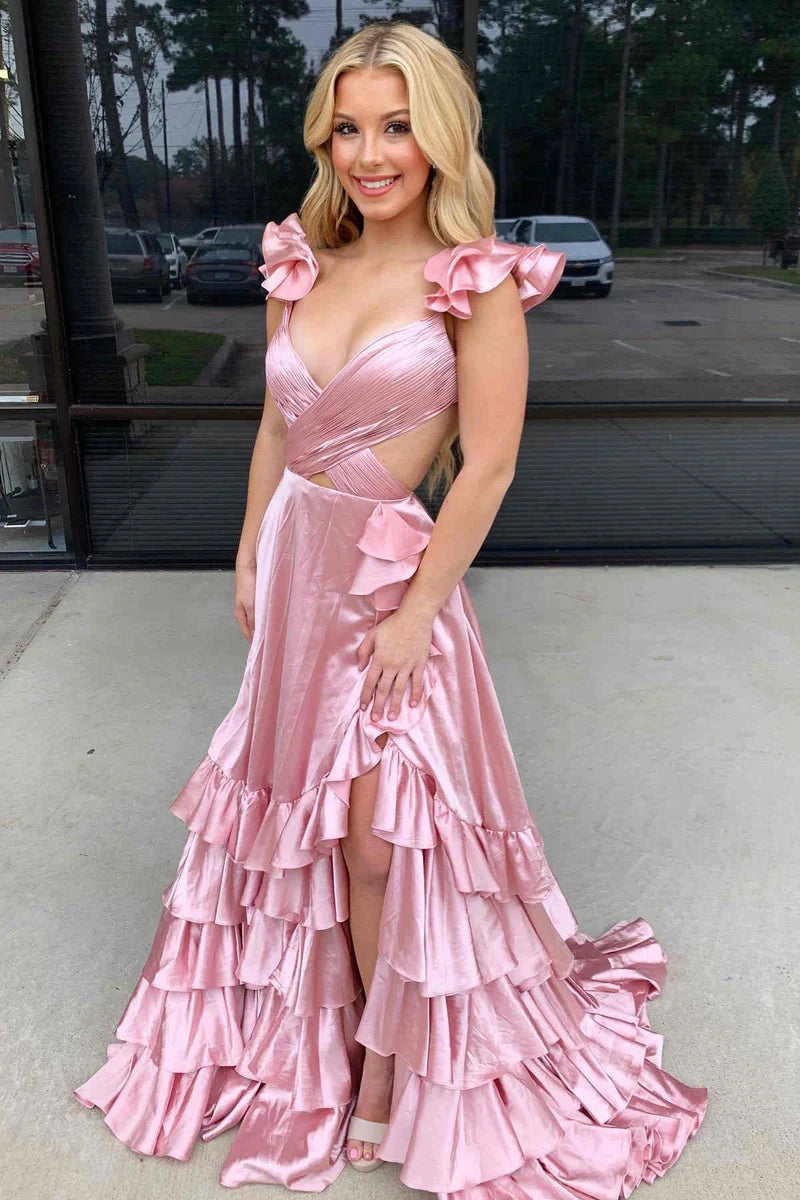 Satin A-Line V-Neck Sleeveless Empire Tiered Ruffled Prom Dress