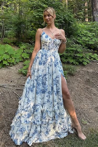 Satin A-Line V-Neck Spaghetti Straps Floral Party Prom Dress