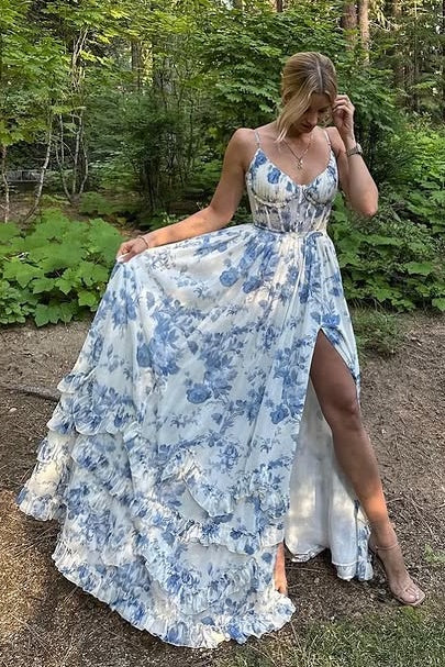 Satin A-Line V-Neck Spaghetti Straps Floral Party Prom Dress