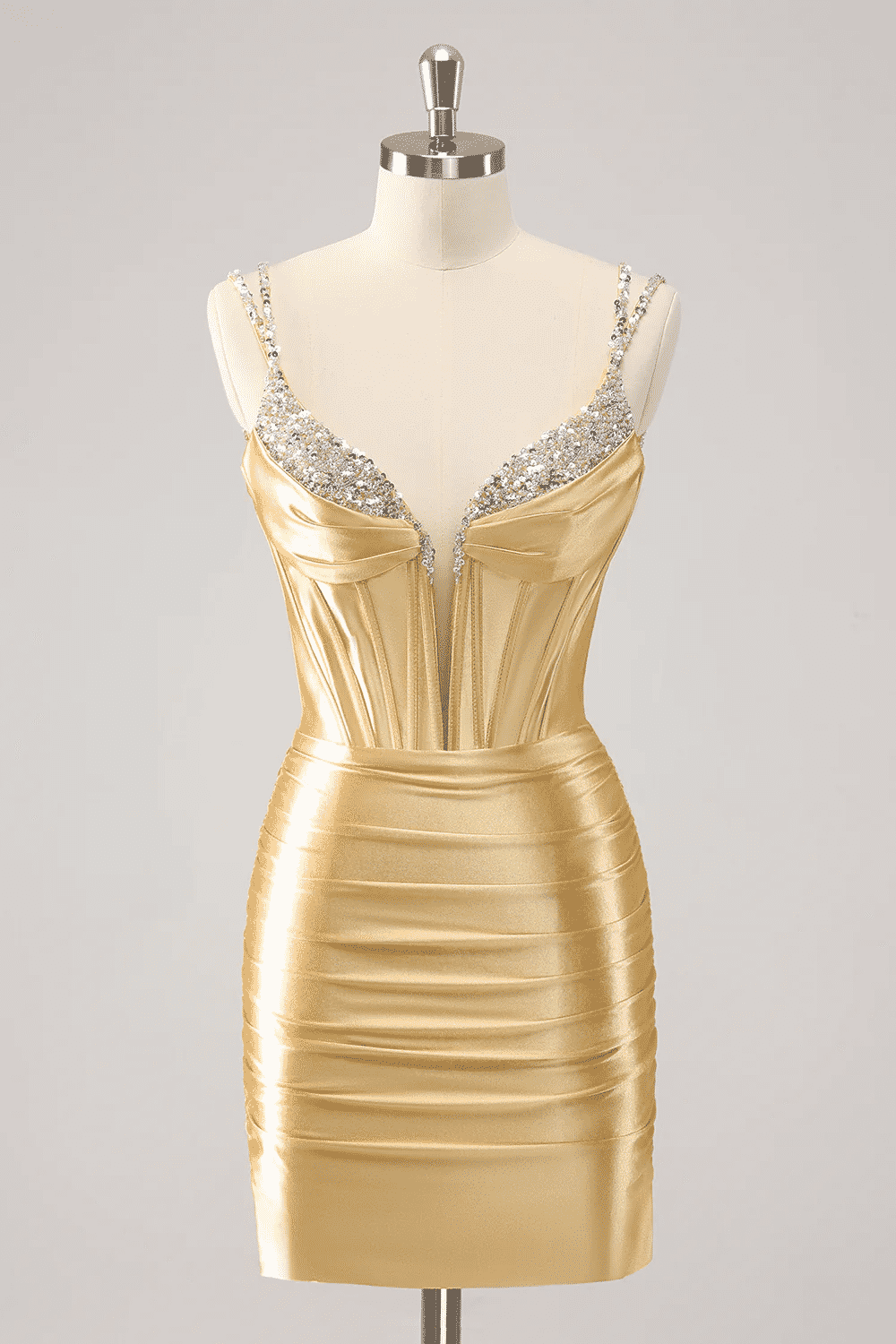 Satin Fitted V-Neck Spaghetti Straps Beaded Homecoming Dress Movousdress Satin Fitted V-Neck Spaghetti Straps Beaded Homecoming Dress Movousdress
