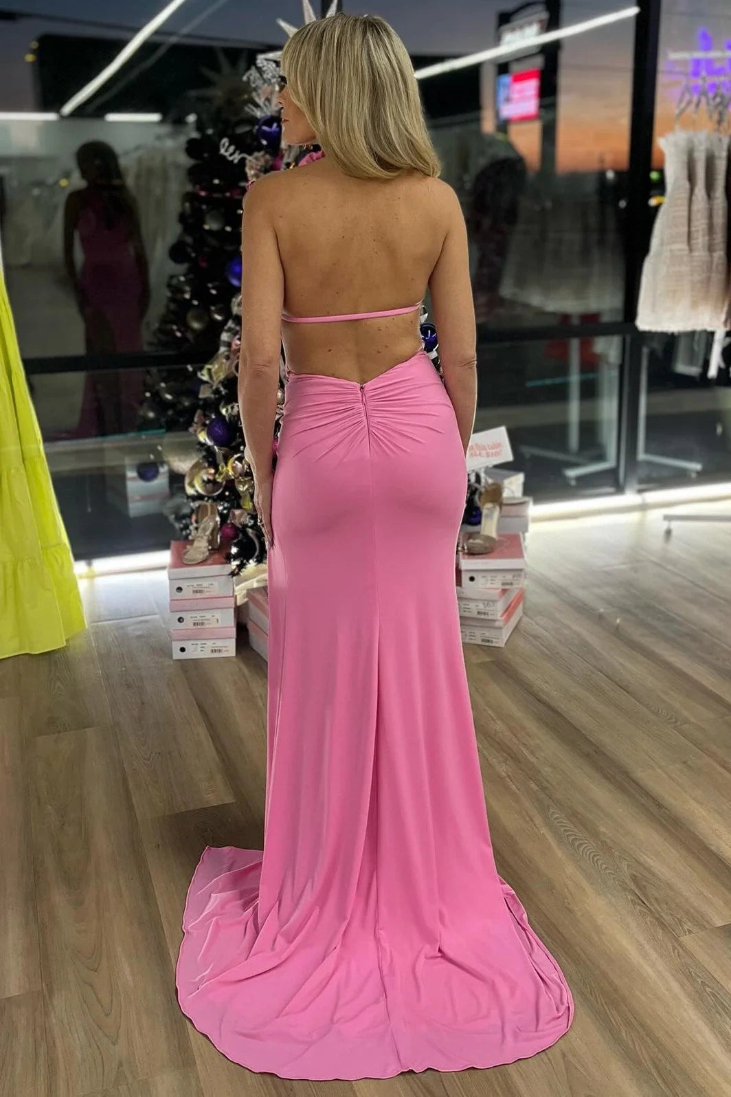 Satin High Neck Backless Mermaid Party Prom Dress