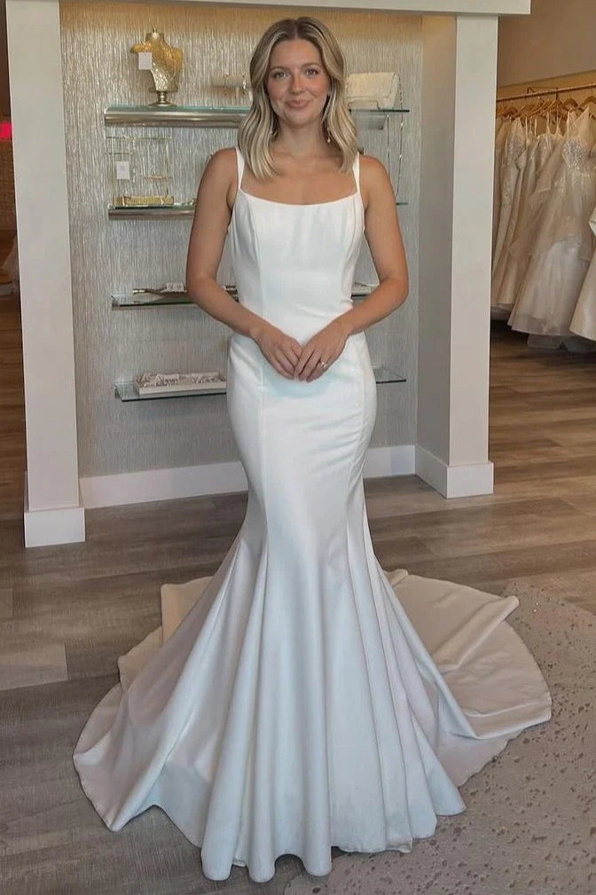 Satin Mermaid Bateau Backless Summer Wedding Dress With Train