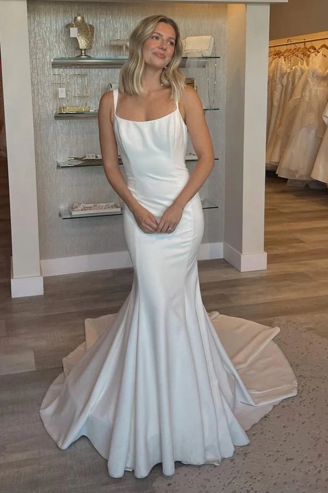 Satin Mermaid Bateau Backless Summer Wedding Dress With Train