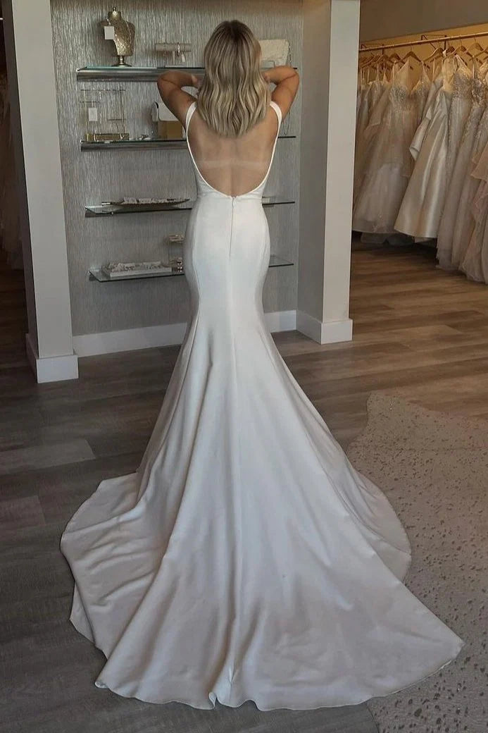 Satin Mermaid Bateau Backless Summer Wedding Dress With Train