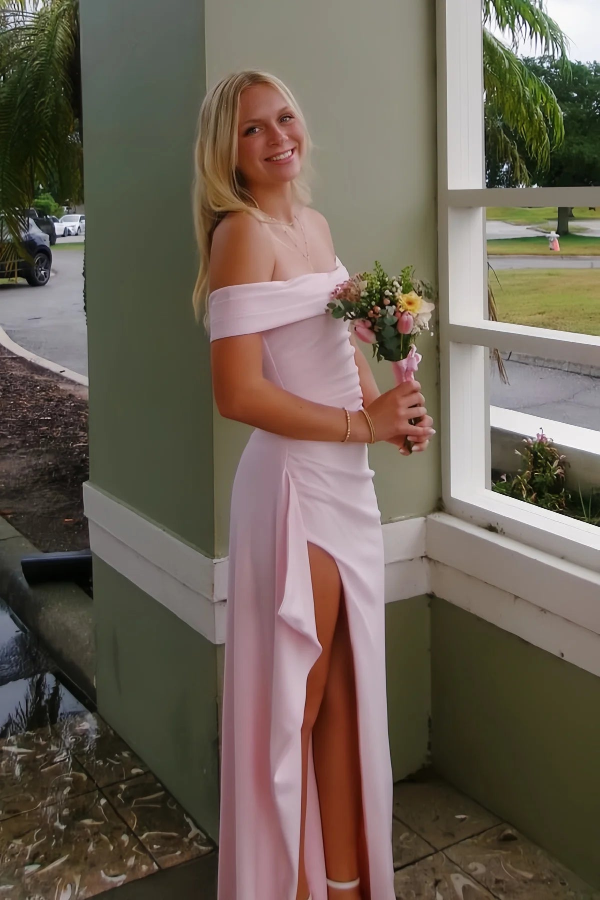 strapless open back dress Satin Off-Shoulder Pleated Empire Party Prom Dress With Slit – Movousdress