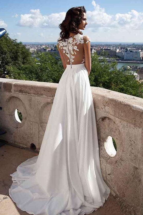 Scoop Cap Sleeves Appliques A-Line Long Summer Wedding Dress