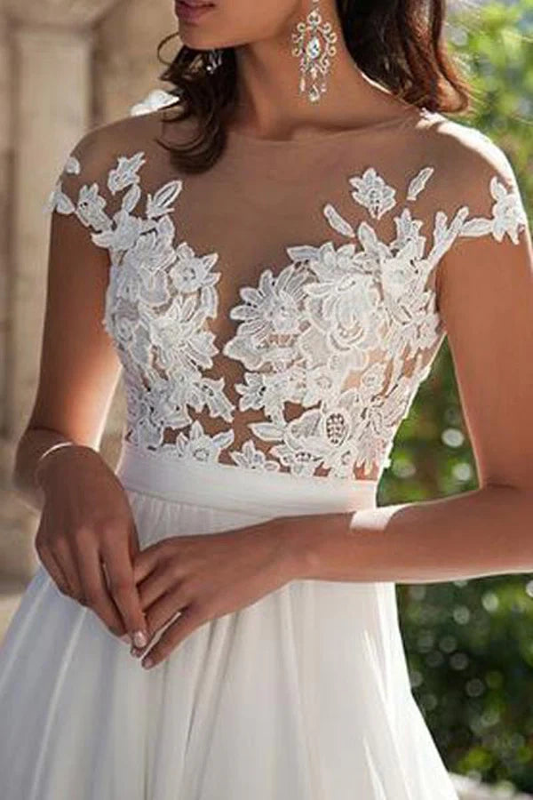 Scoop Cap Sleeves Appliques A-Line Long Summer Wedding Dress