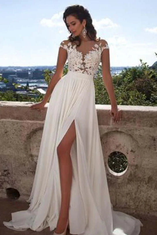 Scoop Cap Sleeves Appliques A-Line Long Summer Wedding Dress