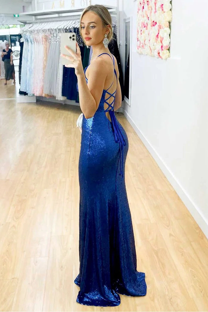 Sequins V-Neck Sleeveless Lace Up Party Prom Dress