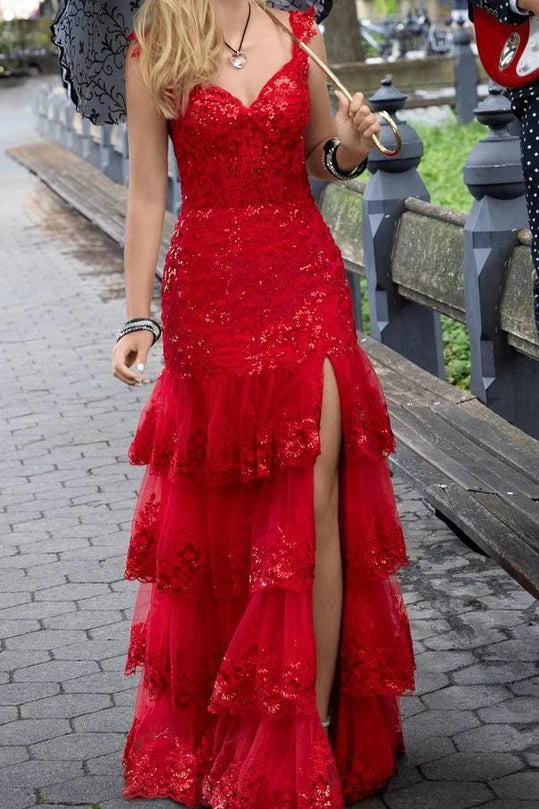 Sexy Lace Sweetheart Empire Tiered Party Prom Dress With Slit