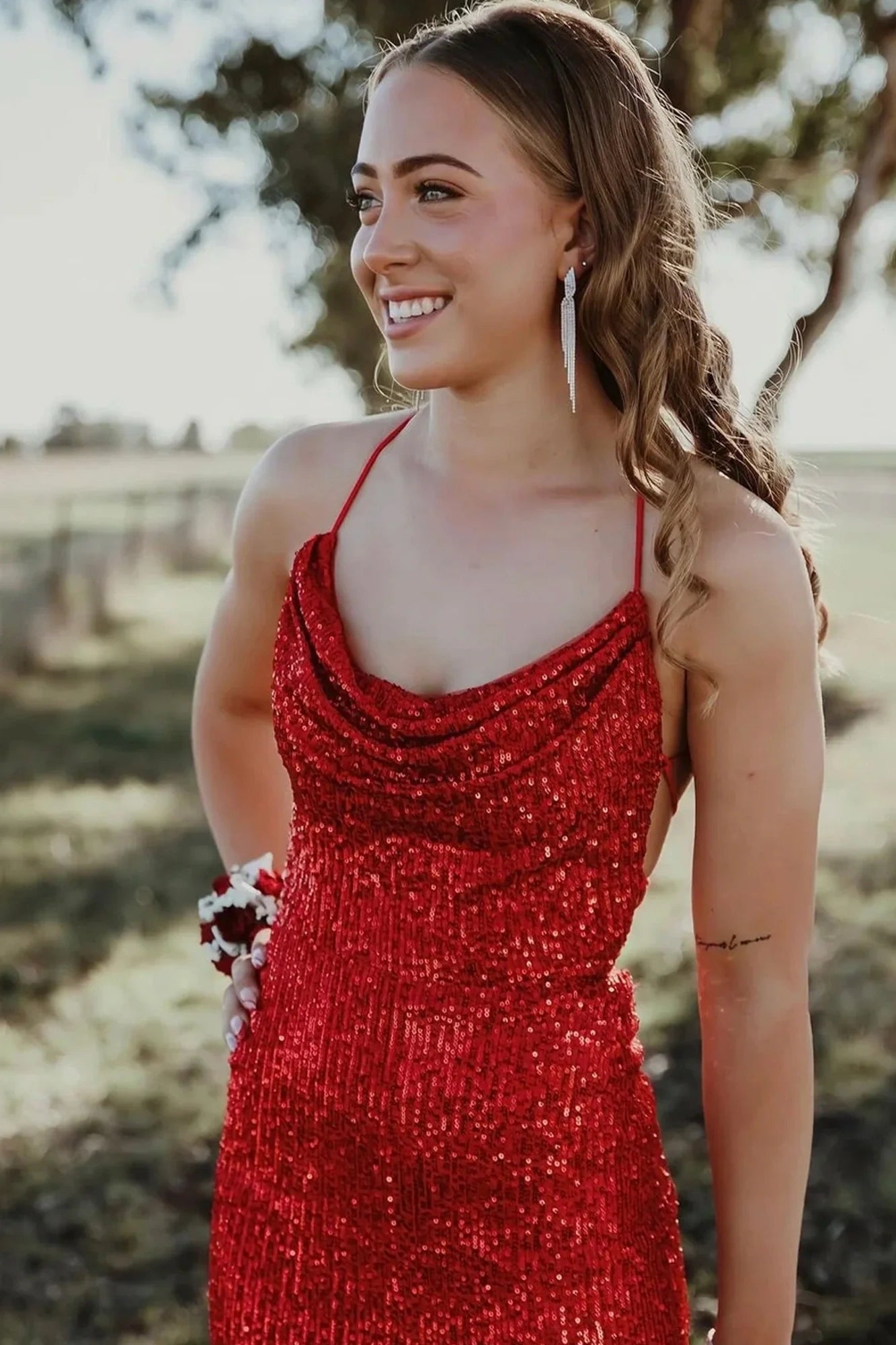 Sexy Red Bateau Sleeveless Lace Up Mermaid Sequins Party Prom Dress