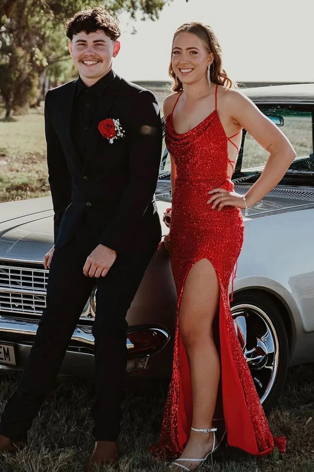 Sexy Red Bateau Sleeveless Lace Up Mermaid Sequins Party Prom Dress