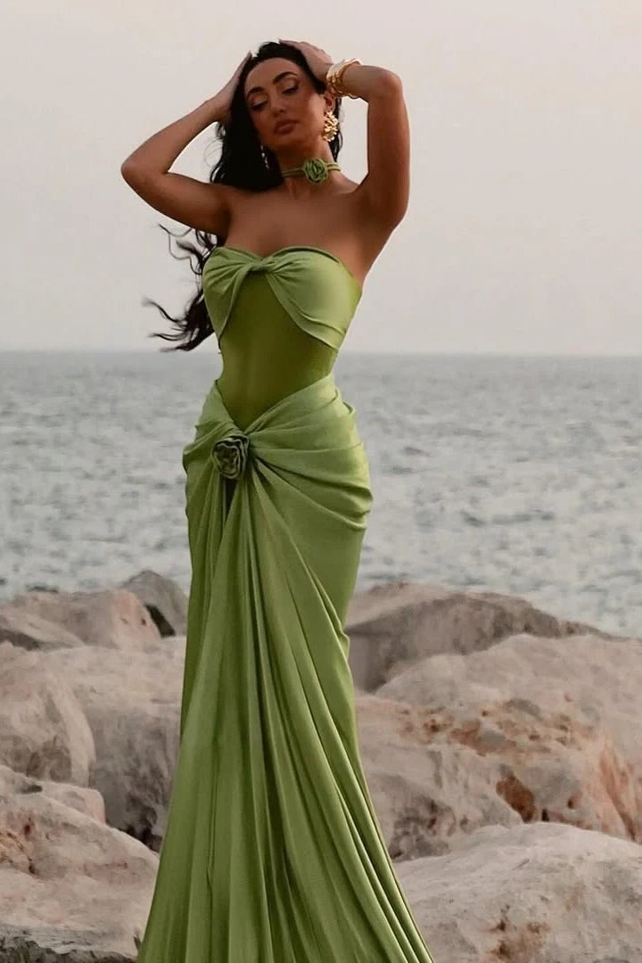Sexy Satin Strapless Ruched Empire Mermaid Party Prom Dress