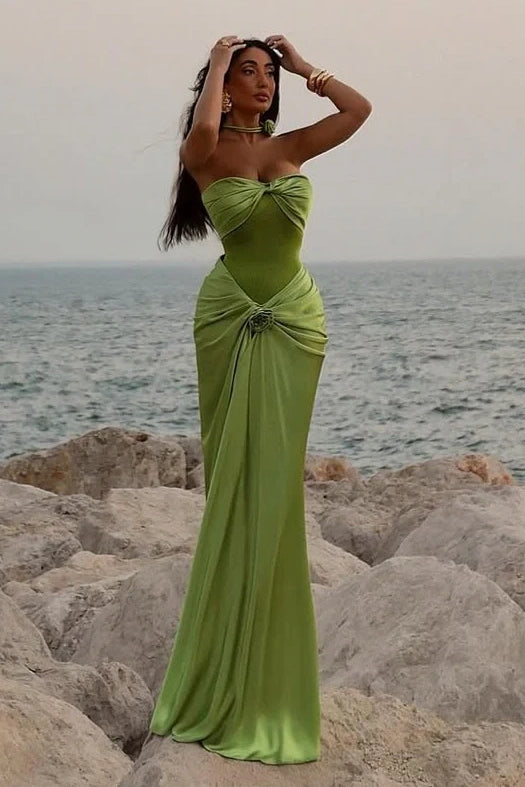 Sexy Satin Strapless Ruched Empire Mermaid Party Prom Dress