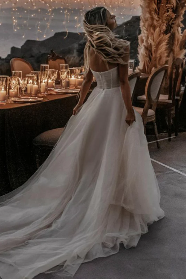 Sexy Tulle A-Line Sweetheart Strapless Sheer Summer Wedding Dress