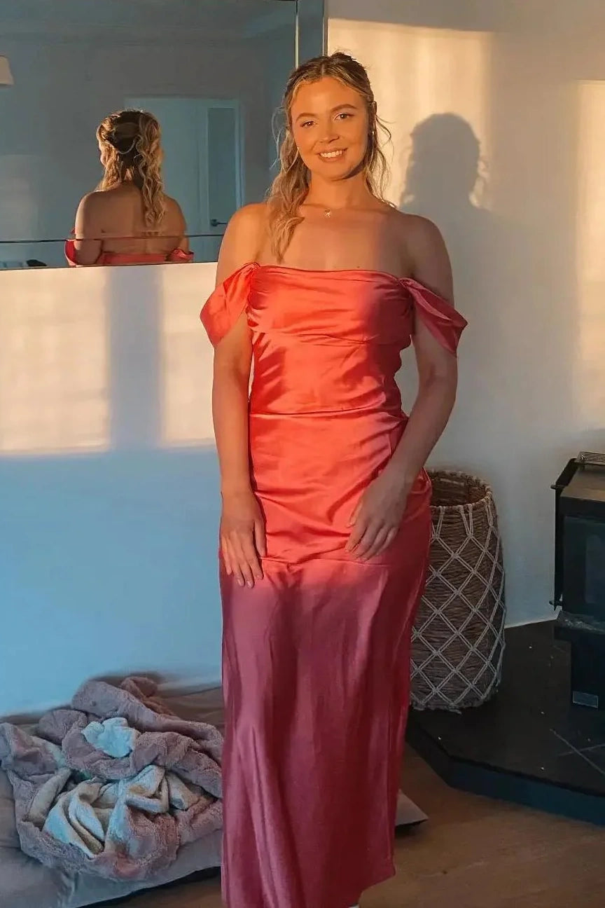 Sheath Off-Shoulder Empire Satin Long Party Prom Dress
