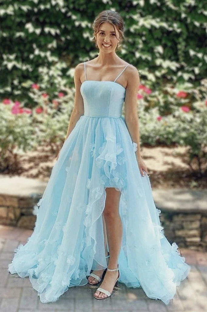 Sheer Spaghetti Straps A-Line Ruffled Party Prom Dress
