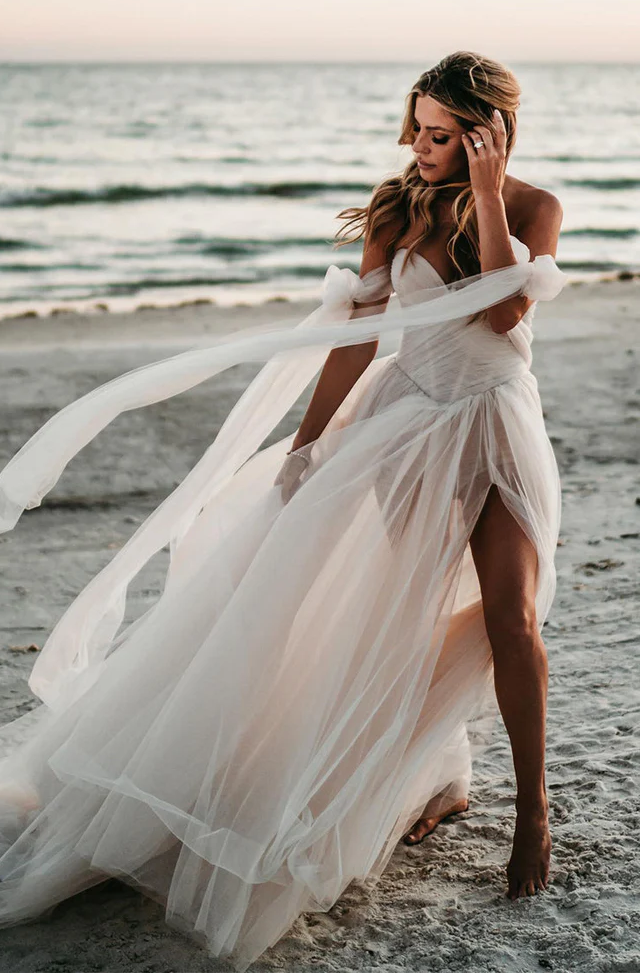 Sheer Tulle A-Line Sweetheart With High Slit Beach Wedding Dress Movousdress Sheer Tulle A-Line Sweetheart With High Slit Beach Wedding Dress Movousdress
