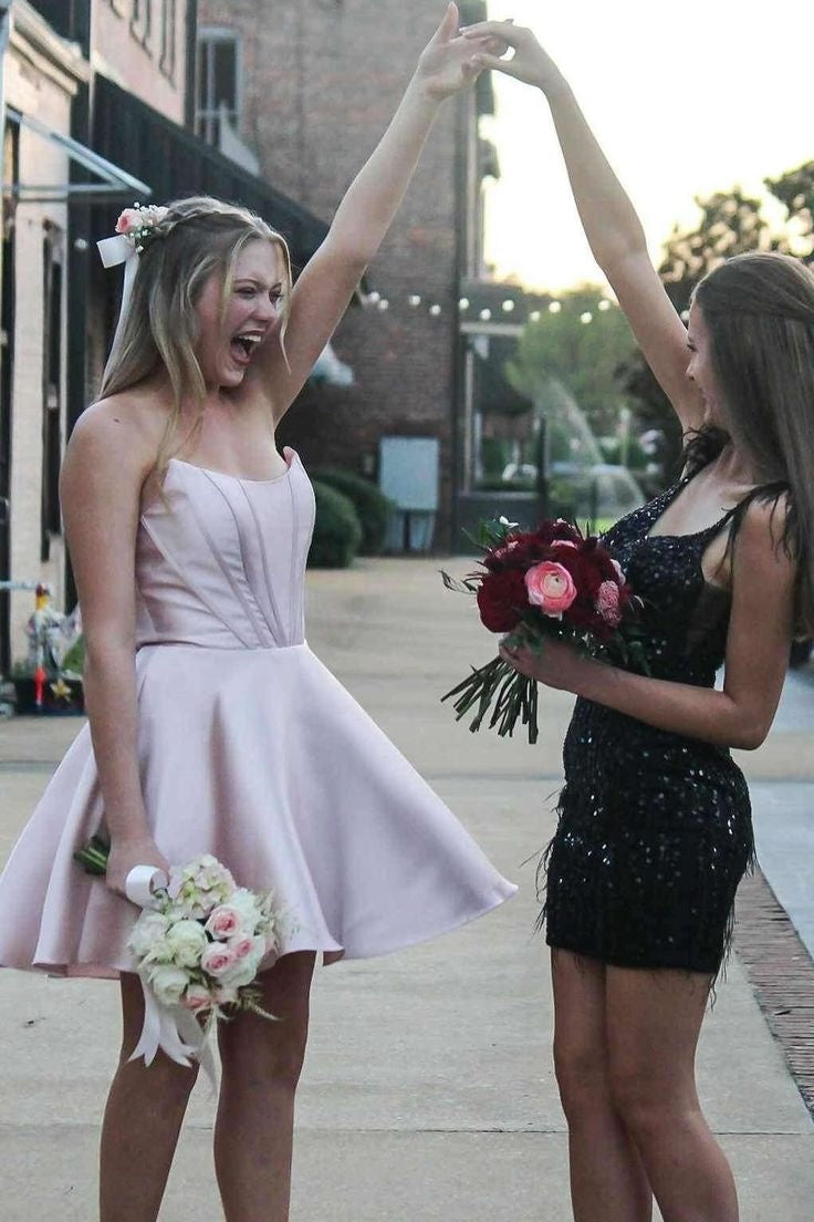 Simple Satin A-Line Bateau Strapless Homecoming Dress