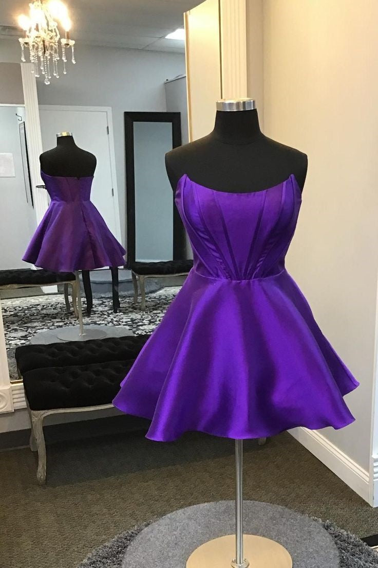 Simple Satin A-Line Bateau Strapless Homecoming Dress