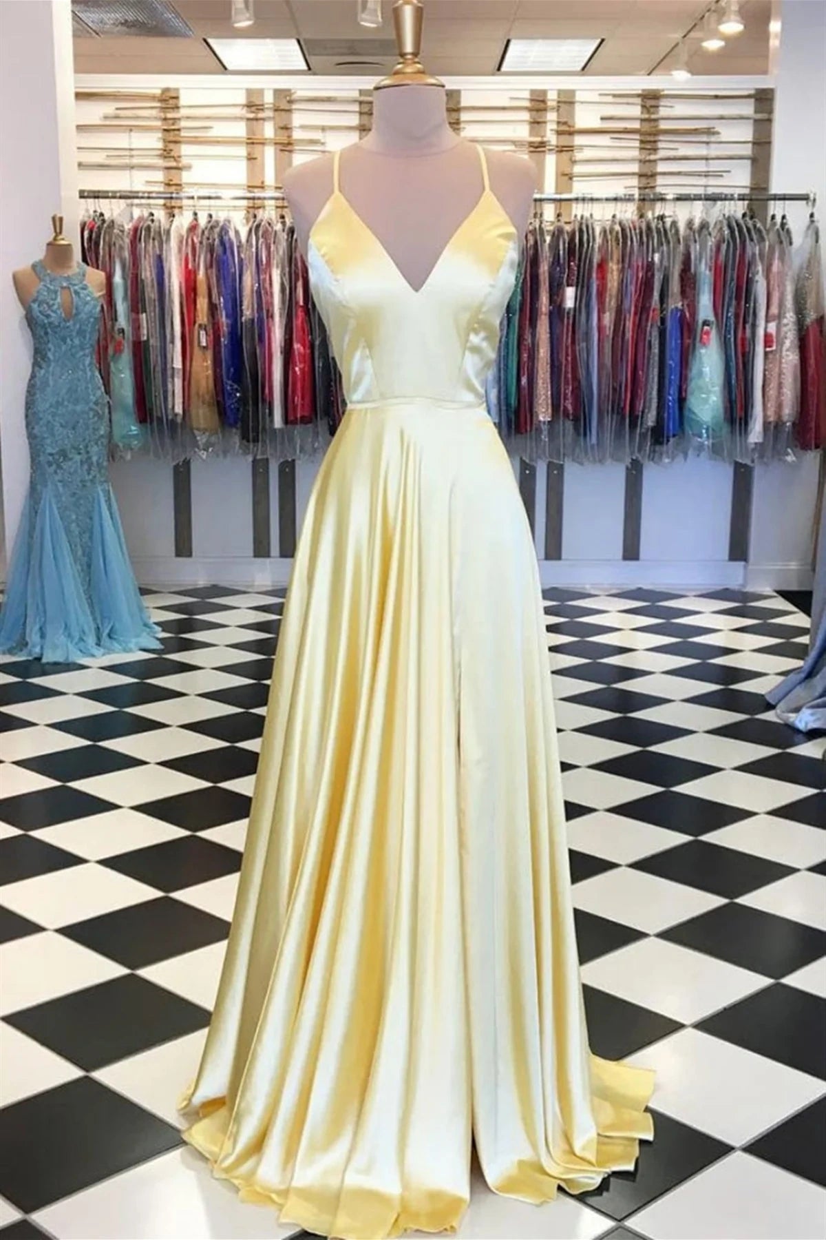 Simple Satin A-Line V-Neck Lace Up Party Prom Dress