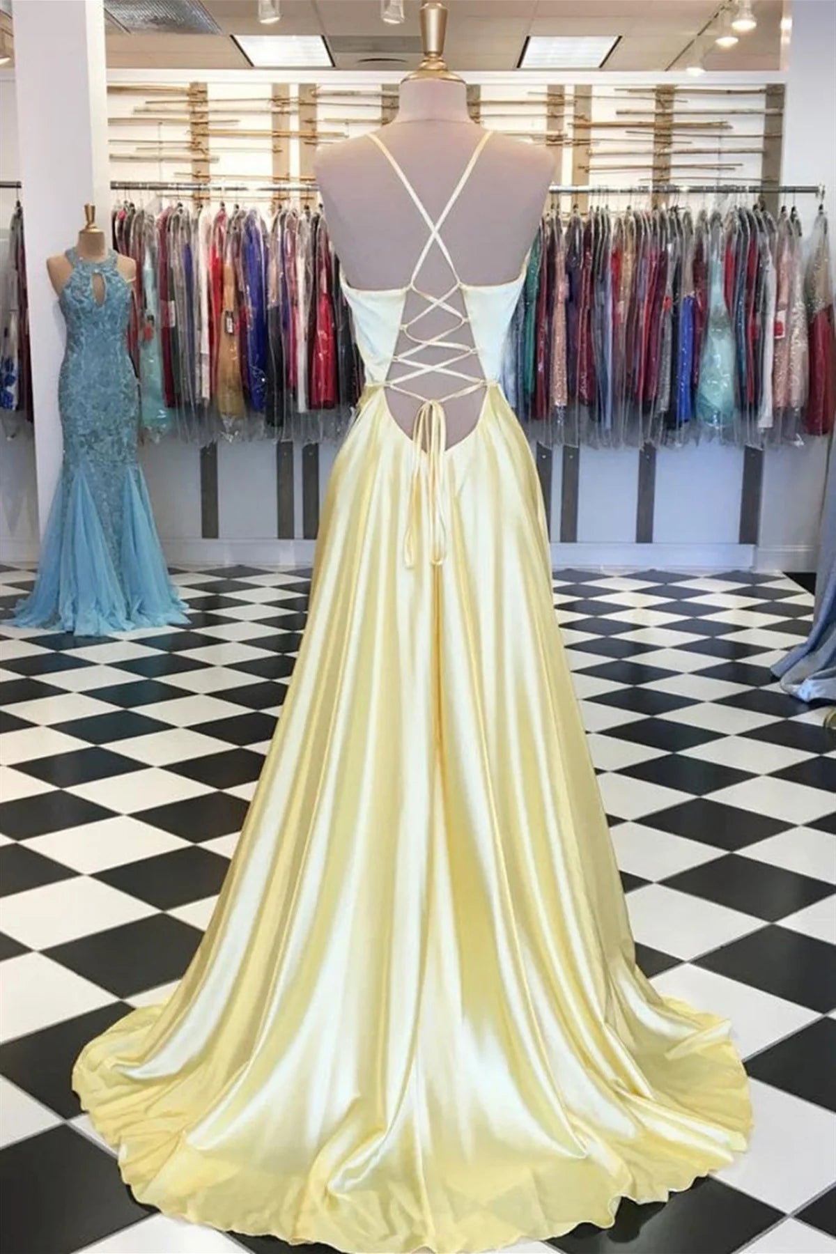 Simple Satin A-Line V-Neck Lace Up Party Prom Dress