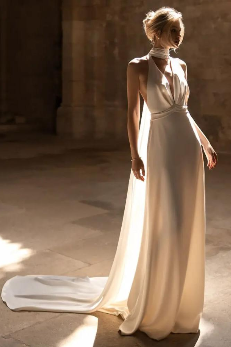 Simple Satin Fitted V-Neck Open Back With Train Wedding Dress Movousdress Simple Satin Fitted V-Neck Open Back With Train Wedding Dress Movousdress