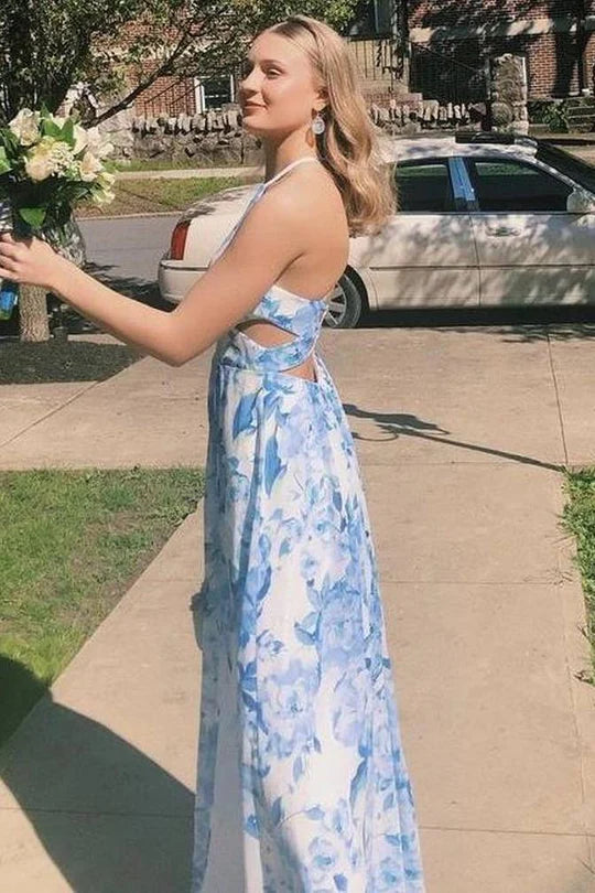 Spaghetti Straps A-Line Empire Floral Party Prom Dress