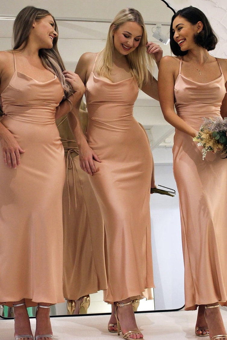 Spaghetti Straps Bateau Lace Up Satin Bridesmaid Dress – Movousdress