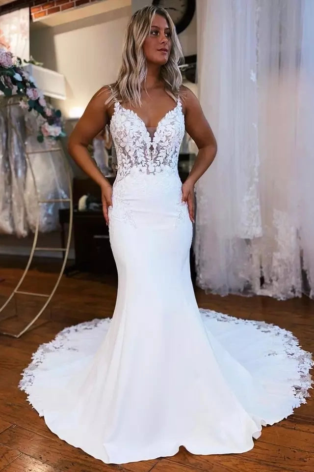 Spaghetti Straps Mermaid Lace Appliques Wedding Dress