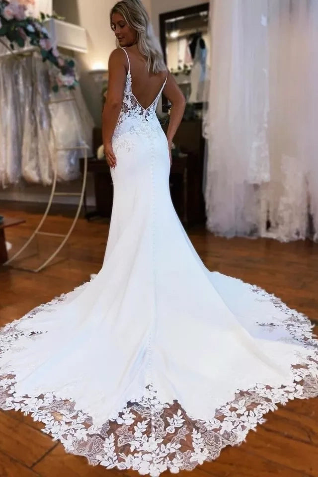 Spaghetti Straps Mermaid Lace Appliques Wedding Dress