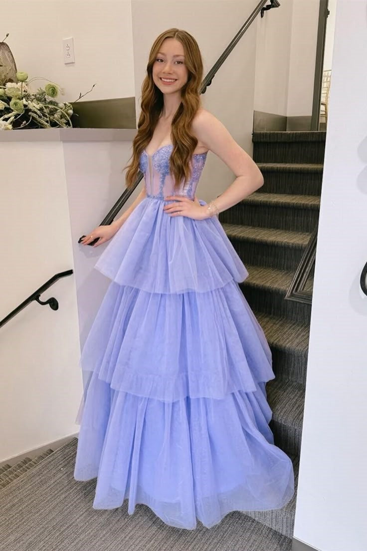 Spaghetti Straps Tulle A-Line Sheer Empire Tiered Party Prom Dress