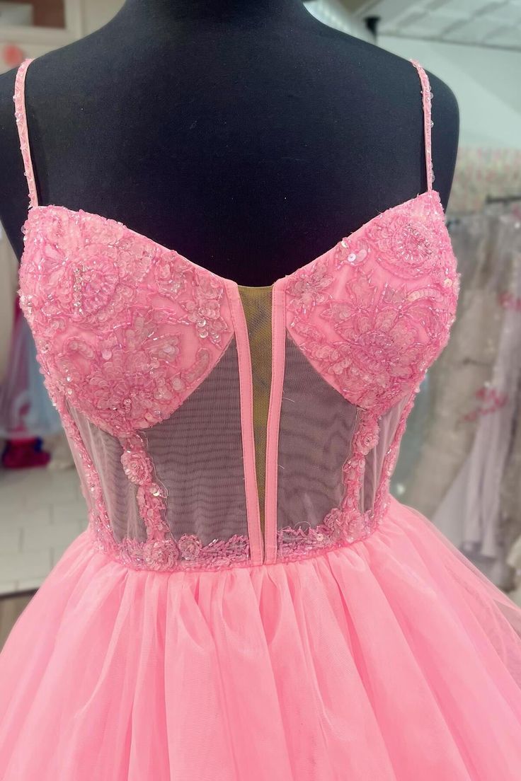 Spaghetti Straps Tulle A-Line Sheer Empire Tiered Party Prom Dress