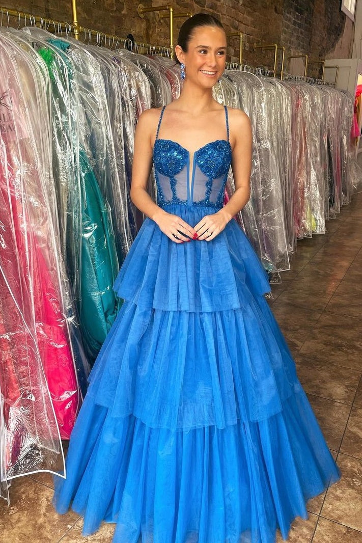 Spaghetti Straps Tulle A-Line Sheer Empire Tiered Party Prom Dress