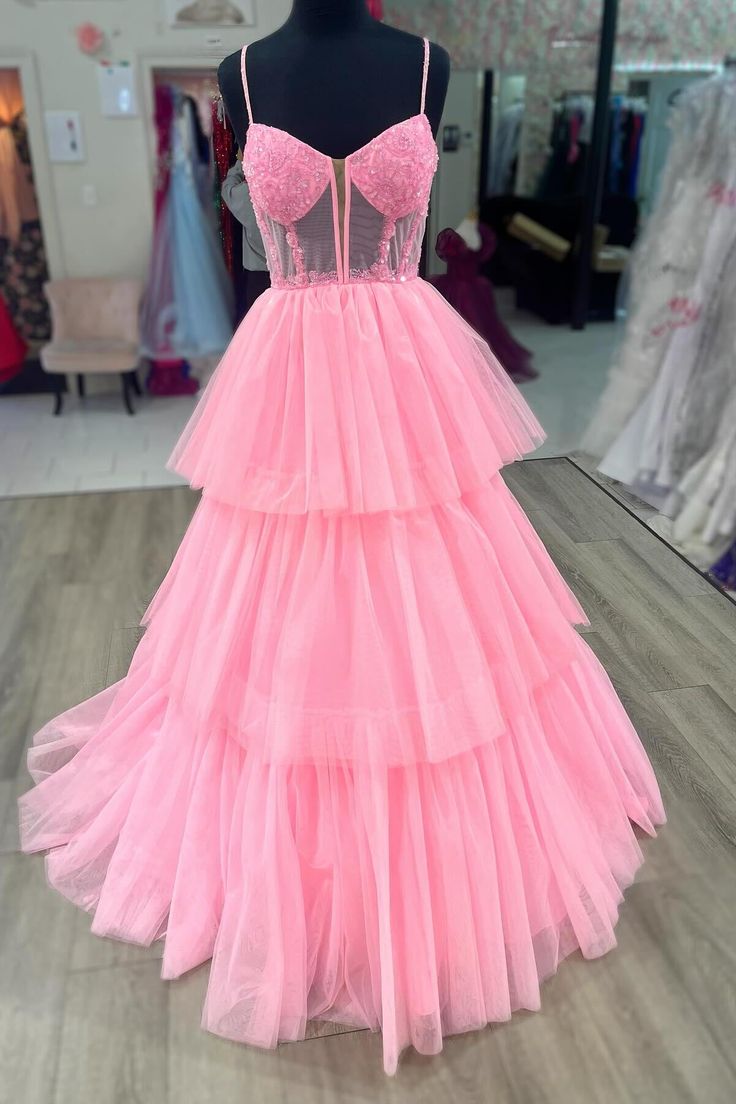 Spaghetti Straps Tulle A-Line Sheer Empire Tiered Party Prom Dress