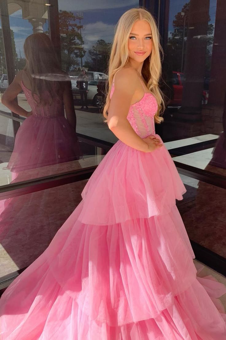 Spaghetti Straps Tulle A-Line Sheer Empire Tiered Party Prom Dress