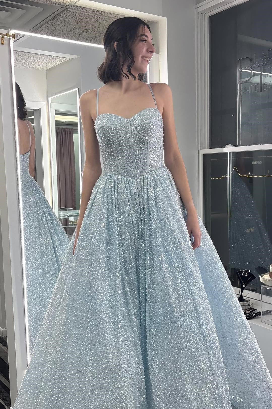Sparkly A-Line Spaghetti Straps Long Formal Party Prom Dress