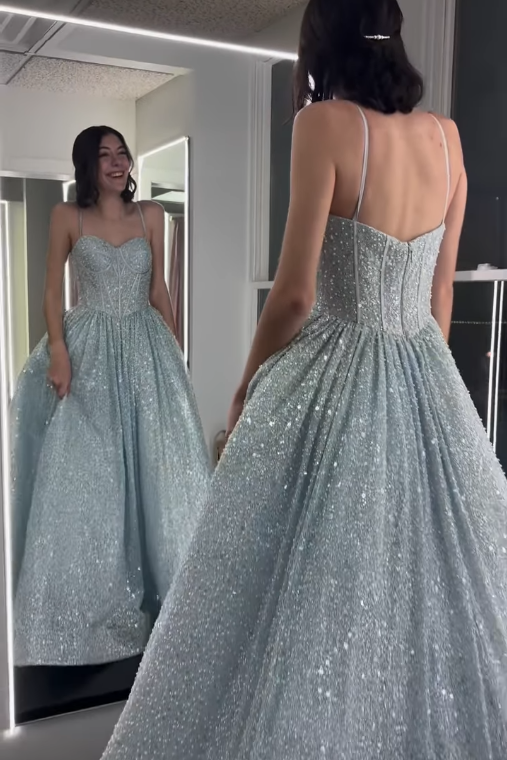 Sparkly A-Line Spaghetti Straps Long Formal Party Prom Dress