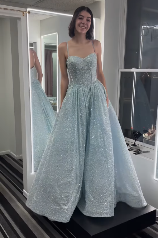 Sparkly A-Line Spaghetti Straps Long Formal Party Prom Dress