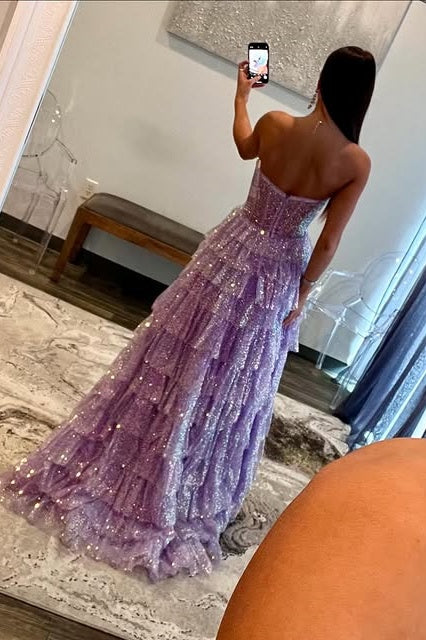 Sparkly A-Line Sweetheart Strapless Tiered Party Prom Dress