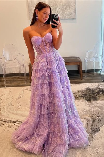 Sparkly A-Line Sweetheart Strapless Tiered Party Prom Dress